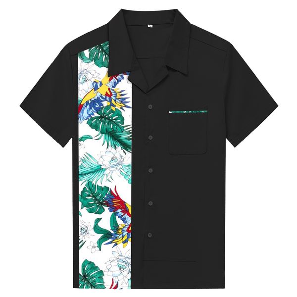 

black shirts men casual bowling shirt button bird of paradise print panel mens clothing moda hombre 2019, White;black
