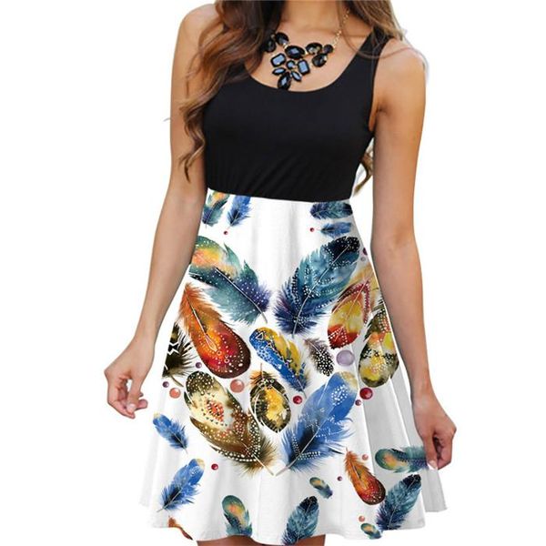 

womens designer print dress summer new fashion sleeveless crew neck famale clothing splice dress, Black;gray