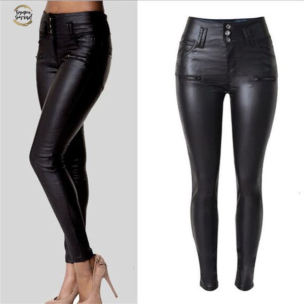 

new 2019 winter elegant ladies fashion pu leather leggings wild slim pencil trousers feet leather pants brand design women dress, Black;white