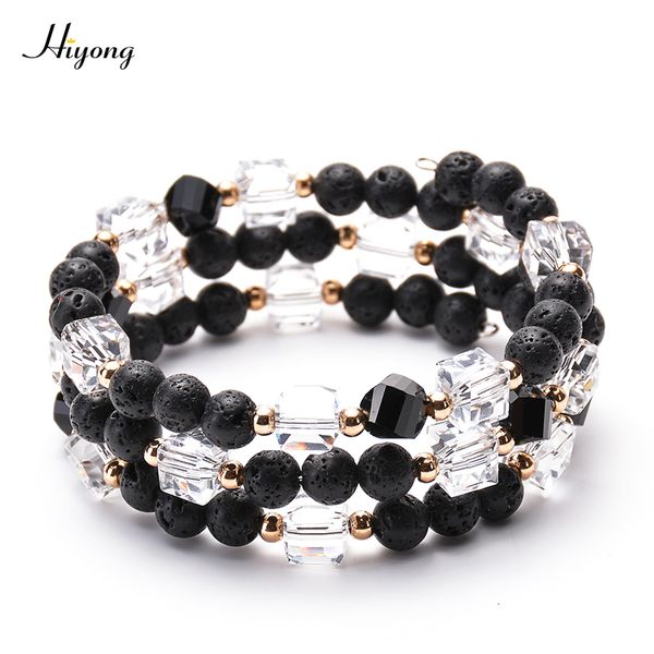 

crystal bangle wrap bracelet lava rock essential oil diffuser bracelet with thick gold metal beads gift for girls, Golden;silver