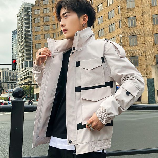 

fashion mens loose safari style casual jacket pockets turtleneck cargo coats boys outwear size m-3xl s221, Black;brown