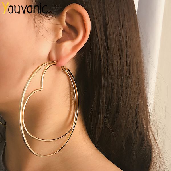 

youvanic hyperbole big oversize heart gold circle hoop earrings for women punk metal round ring earring female ear jewelry 1382, Golden;silver