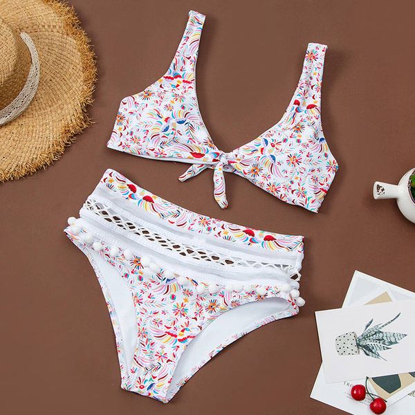 

hollow out women bikini with tassel floral printed high waist lady bathing suit beach swimwear female clothing, White;black