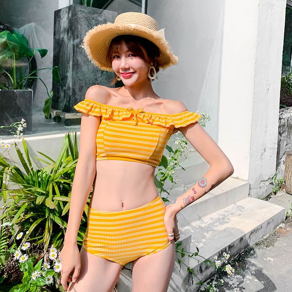 

2019 new korean women two pieces swimwear striped off-the-shoulder high-waist neckline trim falbala front tie high-leg swimsuit, White;black