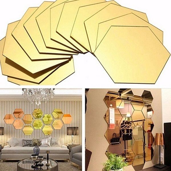 

12pcs regular hexagon honeycomb decorative 3d mirror wall stickers living room bedroom poster home decor room decoration