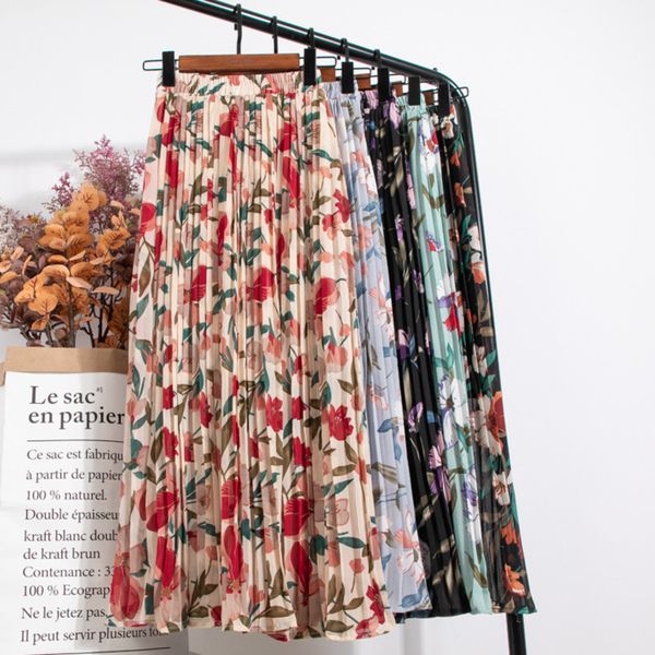 

skirts [ewq] 2021 summer vintage maxi pleated skirt korea high waist elastic bright clothes floral chiffon 5 color, Black