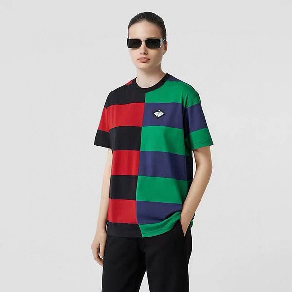 

tide brand luxury designer burberr tee shirt одежда уличный хип-хоп тройники хлопок удобные футболки досуг полоса сращивание летняя футболка, White;black