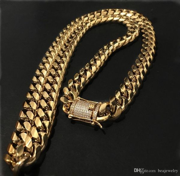 

14mm men cuban miami link bracelet chain set rhinestone cz clasp stainless steel gold hip hop necklace chain jewelry set, Silver