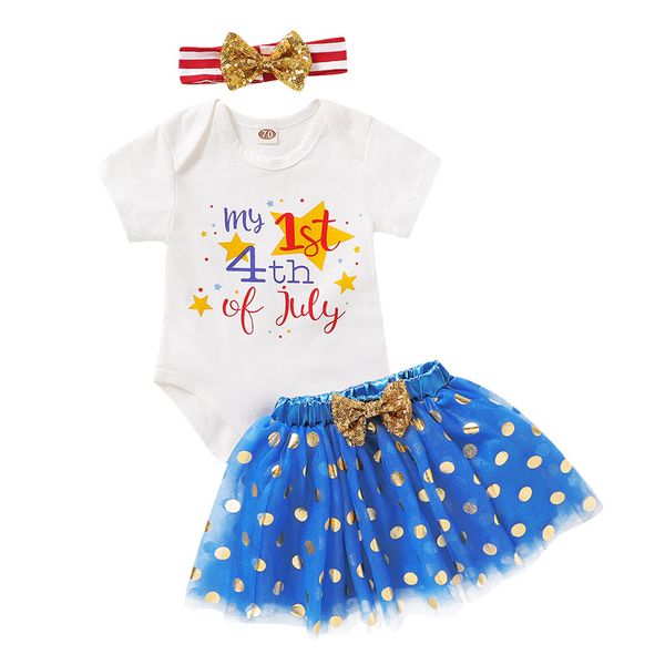 

newborn baby romper suits my 1st 4th of july printed rompers kids casual clothes girls baby clothes sequin gold dot mesh skirts 060519, White