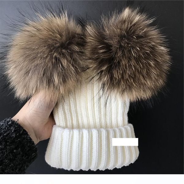 

white -woman's girls real raccoon fur double 2 pom pom ball knitted hat beanie cap, Blue;gray