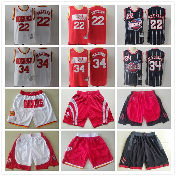 

mens houston rockets throwback jersey hakeem 34 olajuwon clyde 22 drexler basketball shorts basketball jerseys red white, Black;red