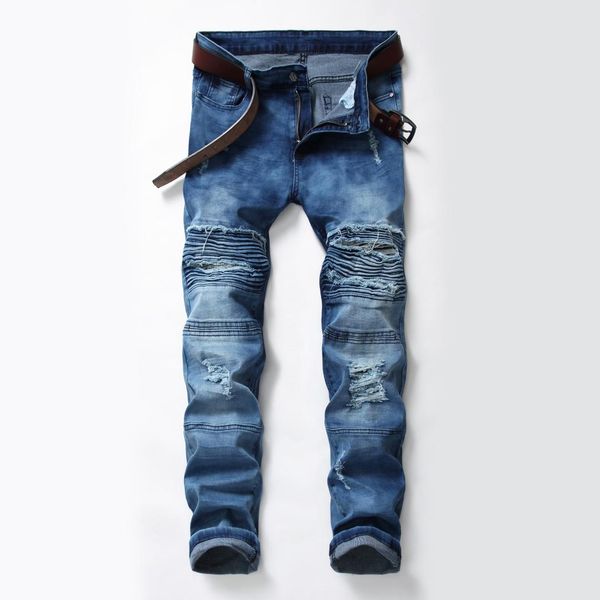 

qmgood 2019 spring fashion ripped jeans men with holes denim skinny famous slim fit jean pants scratched biker jeans straight, Blue