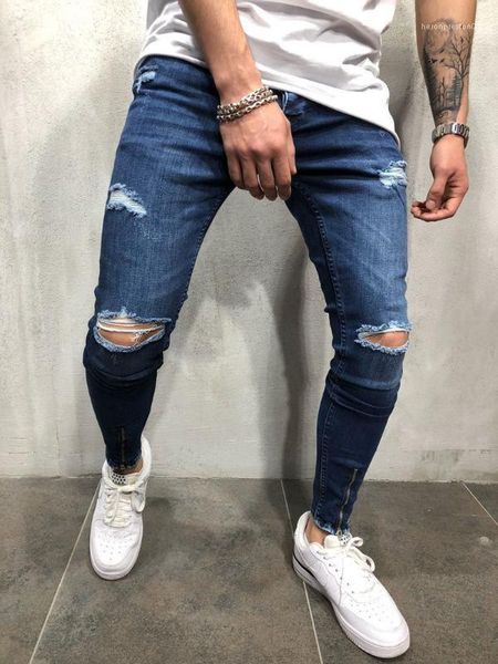 

slim jeans zipper fly skinny pencil pants teenager male casual light solid apparel mens hole solid, Blue
