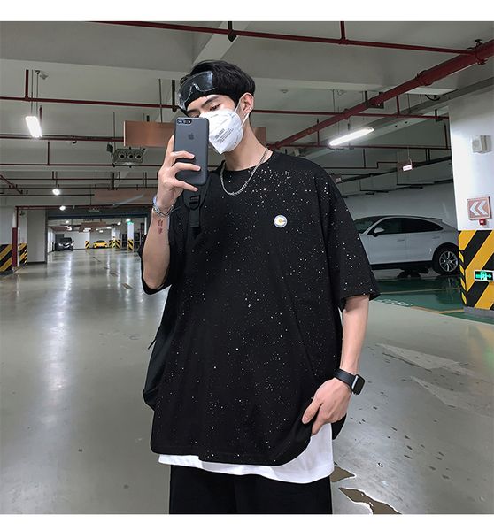 

2020 summer new fashion casual men's national fashion large all sky star stamping trend loose short sleeve t-shirt, White;black