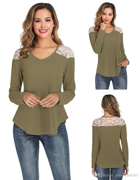 

fashion designer women t shirts lace patchwork t shirt v neck long sleeved waffle loose female clothing, White