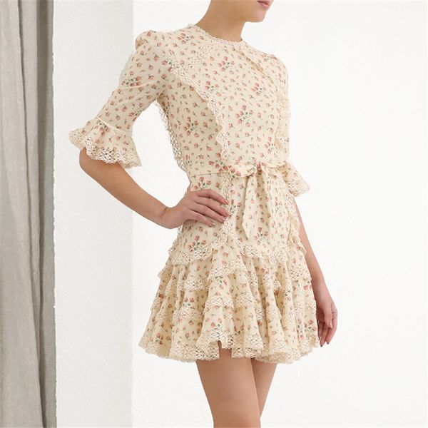 

zim women dress half sleeve flower printed lovely mini dress slim high waist o-neck casual women vestidos, Black;gray