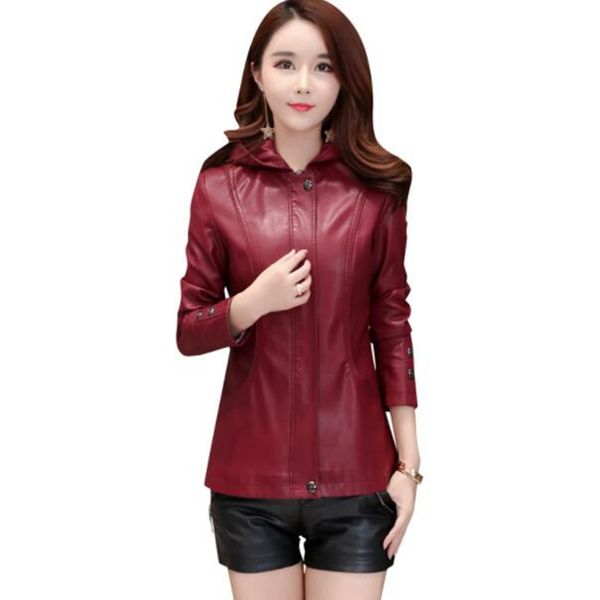 

2018 spring and autumn new women's leather jacket slim middle-aged m-5xl leather jacket hat coat, Black