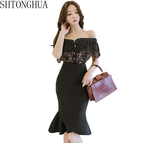 

shtonghua 2019 new black elegant 2 peces suits women slash neck lace shirts crop + high waist mermaid bodycon skirt set, White