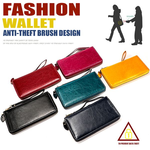 genuine leather long wristlets clutch wallets rfid blocking zipper coin purses card holder banknote pouches cowhide wallets phone pocket, Red;black