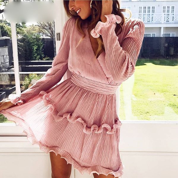 

women designer clothes woman dresses elegant pleated women dress 2019 long sleeve v neck ruffles white dresses casual mini dress vestidos, Black;gray