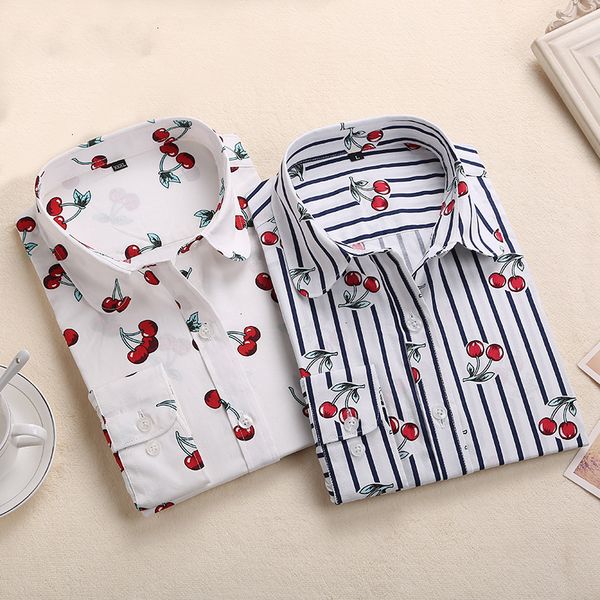 

ladies designer blouse women new long sleeve vintage blouse cherry turn down collar shirt blusas feminino ladies blouses fashion, White