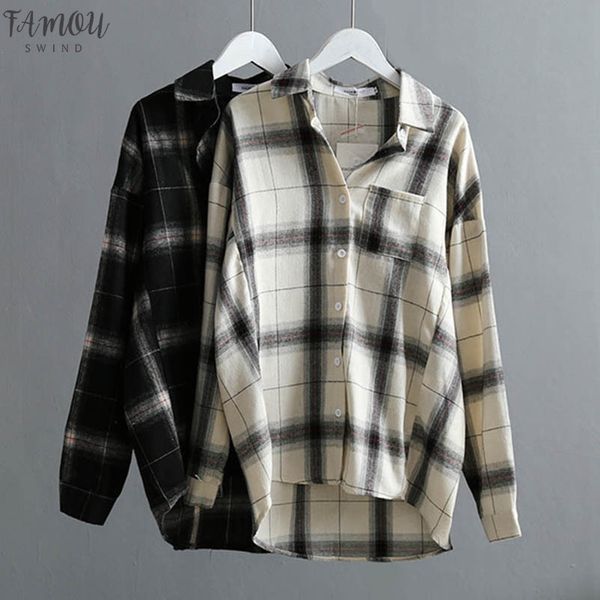 

Fall Winter Cotton Plaid Women Blouse Shirt 2020 High Quality Casual Office Womans Shirts Large Size Plaids Tops White Black