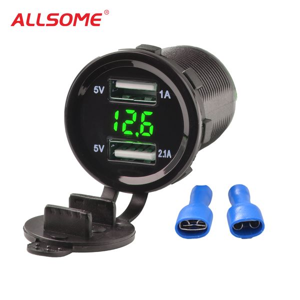 

allsome waterproof 5v/3.1a led display voltmeter voltage meter with dual usb for car boat motocycle ht1313-ht1314