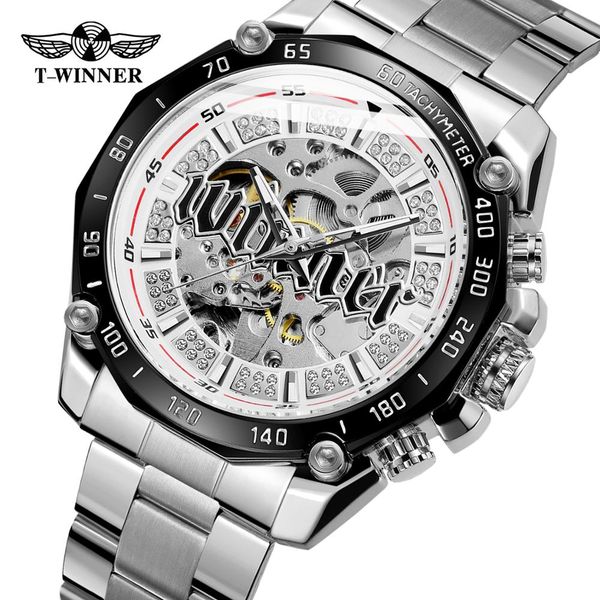 

winner transparent case stainless steel skeleton men mechanical watch men fashion design automatic watch relogio masculino, Slivery;brown