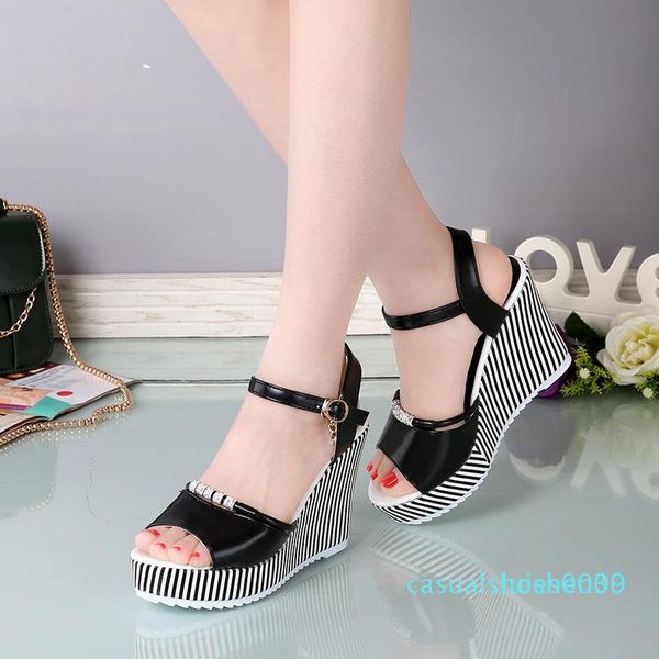 

women wedge sandals peep toe platform 10cm high heels sandals fashion buckle rhinestone party shoes black white c09 l30