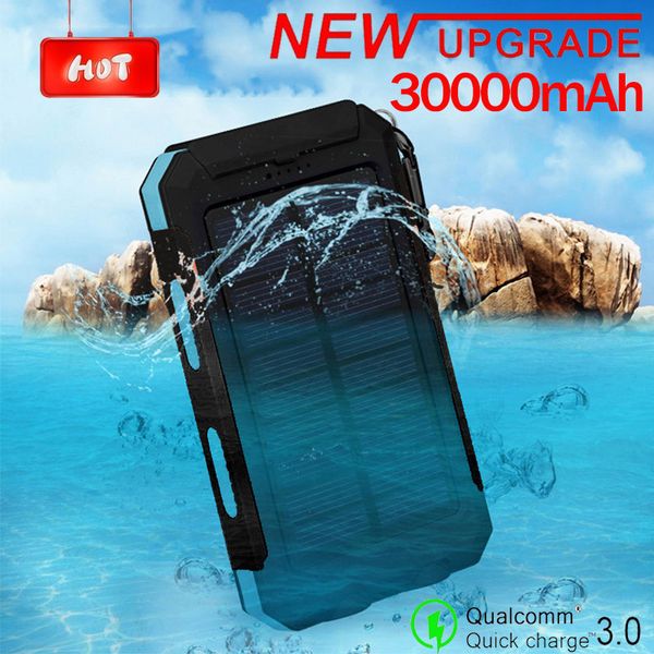 

solar power bank 30000mah large capacity solar panel outdoor travel portable charger led light fast charge waterproof charger