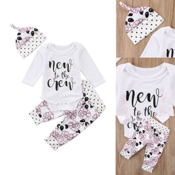 

infant newborn baby girls cute floral romper +pants hat outfits clothes set, White