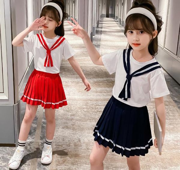 

girls' suit 2020 summer new children's short sleeve t-shirt two piece school skirt kids clothes children wear girls dress, White