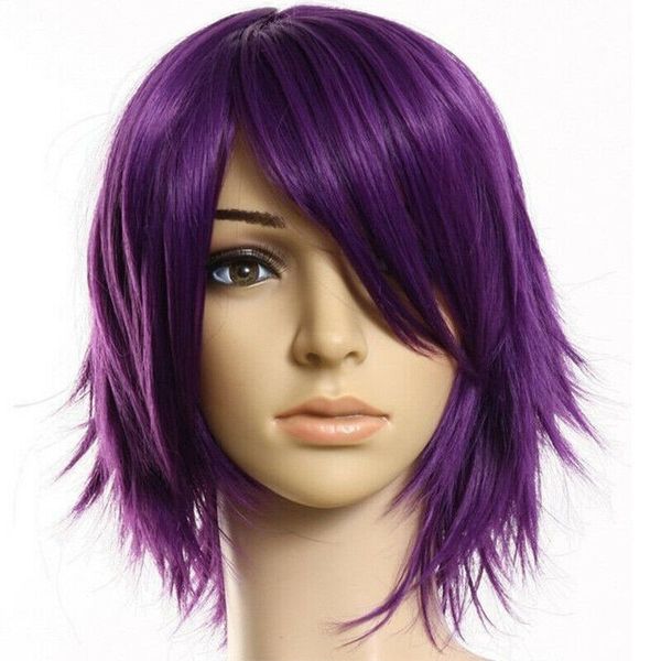 

32cm bob short straight purple wig cosplay wig synthetic fiber, Blue;gray