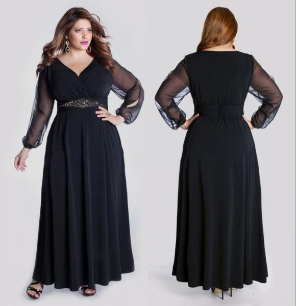 Plus size preto tule mãe da noiva vestidos de mangas compridas com decote em v contas faixa tornozelo comprimento formal mãe vestidos de noiva