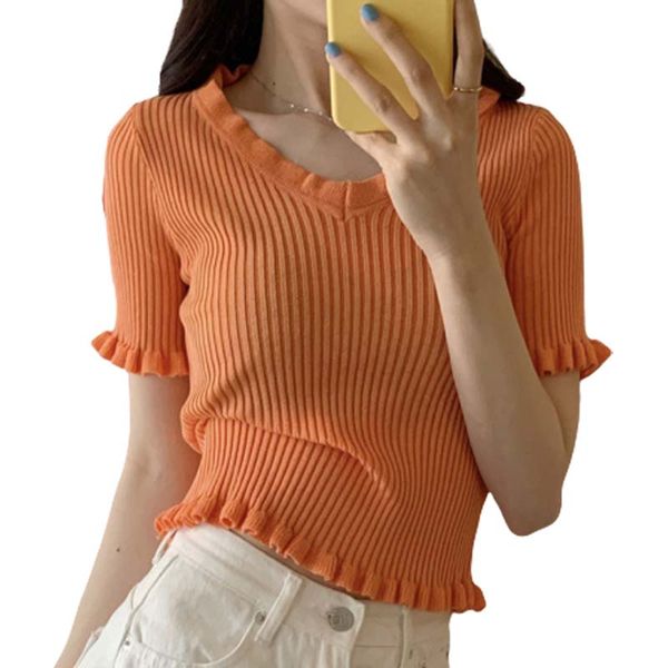 

summer new women elegant short sleeve knitted t shirts female v neck pleated edge, White