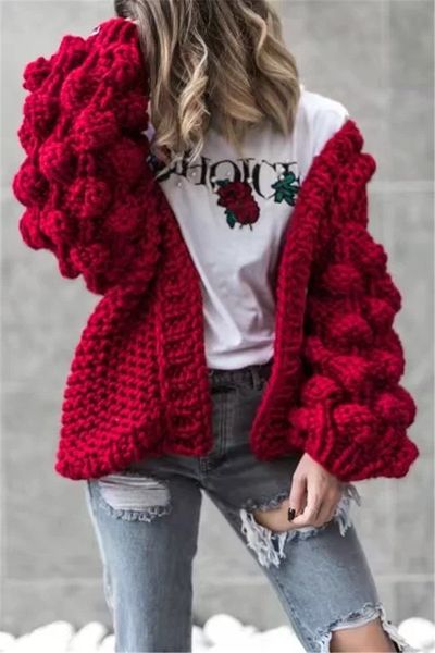 

lantern sleeved women designer sweaters casual sweet loose solid color hand knitted ball cardigan fashion womens sweaters, White;black