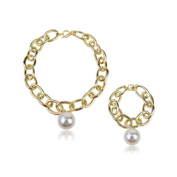 

lepenn new arrival jewelry trend statement simple retro thick curb chain pearl pendant short necklace bracelet sets for women, Silver