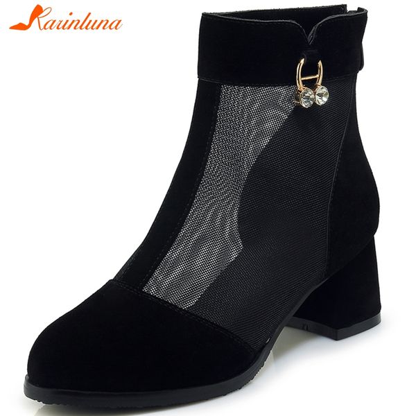 

karinluna 2019 fashion new arrivals large size 33-43 zipper ankle boots women shoes woman chunky heels mesh boots female, Black