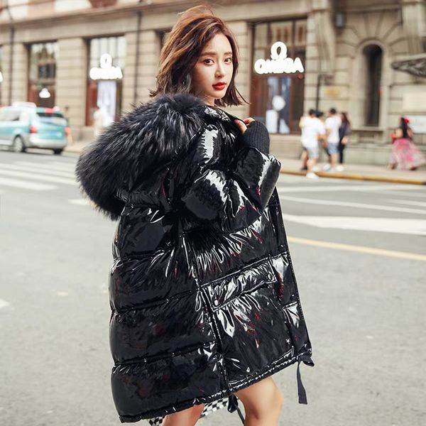 

patent leather glossy winter white duck down jacket women large size hooded long warm parka 2018 new series womens down coats, Black