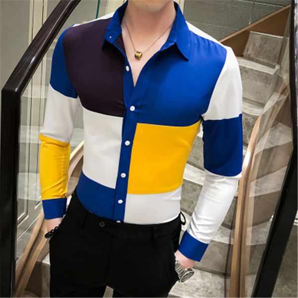 

рубашки с длинным рукавом мужчины платье 2020 весна мужчины рубашка социального multicolor лоскутная slim fit streetwear camisas bordadas ca, White;black