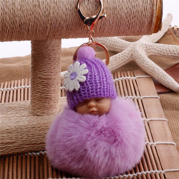 

fashion keychain sleeping baby doll ball key chain car keyring holder bag pendant charm keychain plush fur new cute women key chain toys, Silver