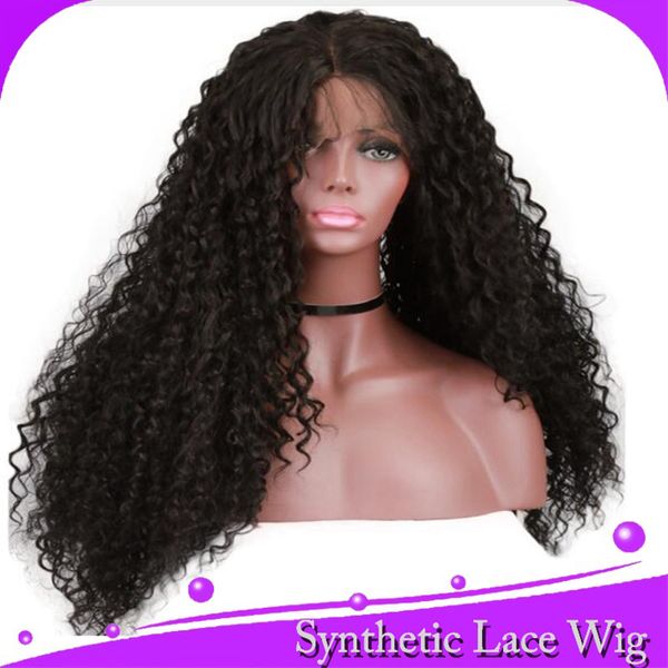 

12*4 lace front wigs synthetic hair centre parting 150% density 14'' 18'' 22'' 26'' long cruly for w, Black