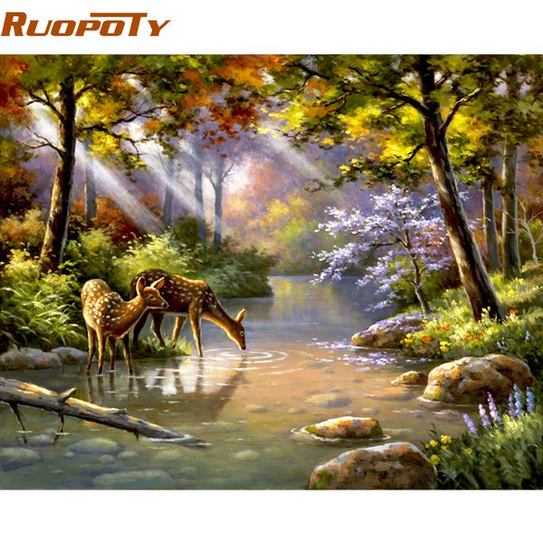 

ruopoty frame diy painting by numbers acrylic paint on canvas sika deer forest handpainted oil painting for home decor 40x50cm