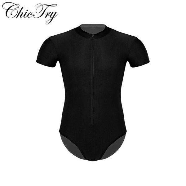 

mens performance dance bodysuit round neck short sleeves front zipper high cut stretch gymnastics ballet dance leotard bodysuit, Black;red