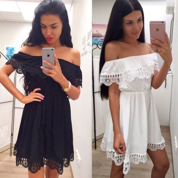 

Fashion Women Elegant Vintage Sweet Lace White Dress Stylish Sexy Slash Neck Casual Slim Beach Summer Sundress Vestidos