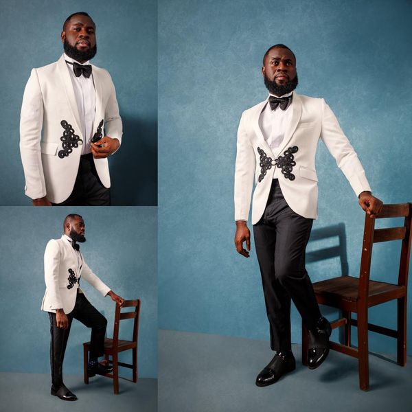 

customize latest design mens prom tuxedos suits white applique one button groom wear for prom party formal two piece men suits, Black;gray