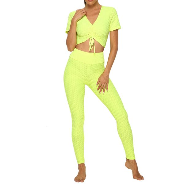 

women slim fitness drawstring short-sleeved yoga yoga pants breathable hip sweat sports gym leggings sport set, White;red