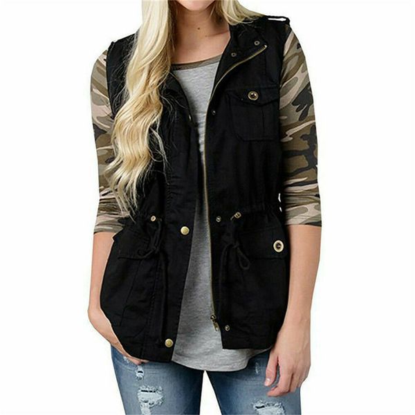 

women ladies casual vest coat jacket sleeveless zipper cargo autumn jacket vintage fashion pocket outwear spring clothes hot, Black;white
