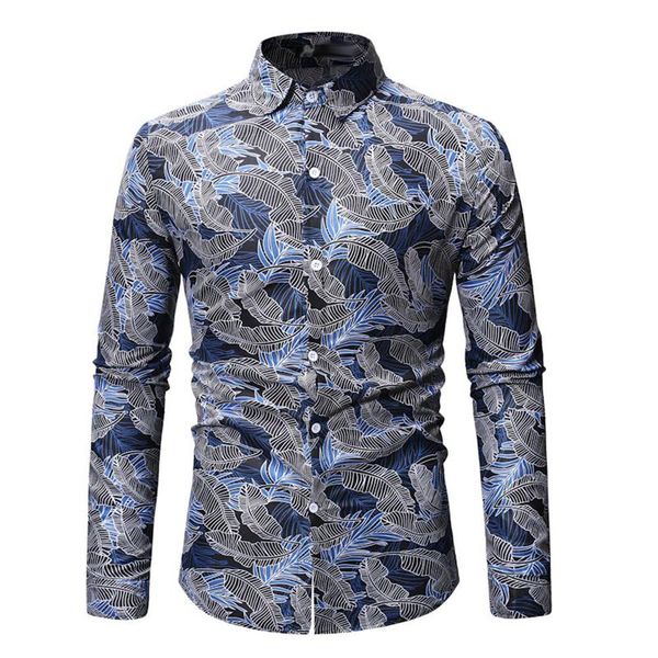 

spring autumn leaves print men shirt slimed fit long sleeve turn down collar top, White;black