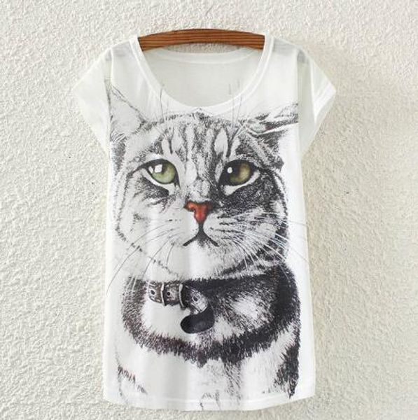 

summer cotton t-shirt women short sleeve o-neck animal print cat tees fashion casual t shirt for ladies, White